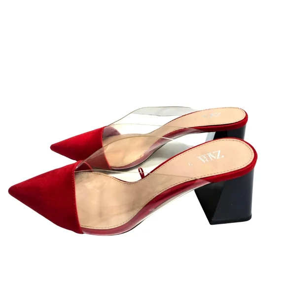 Zara Chunky Block Heeled Mules Vinyl Red High Heels Sexy Business Chic Size US 9 - Picture 4 of 12